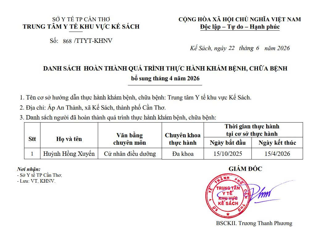 DANH SÁCH HOÀN THÀNH QUÁ TRÌNH THỰC HÀNH KHÁM BỆNH, CHỮA BỆNH (BỔ SUNG) THÁNG 04 NĂM 2026